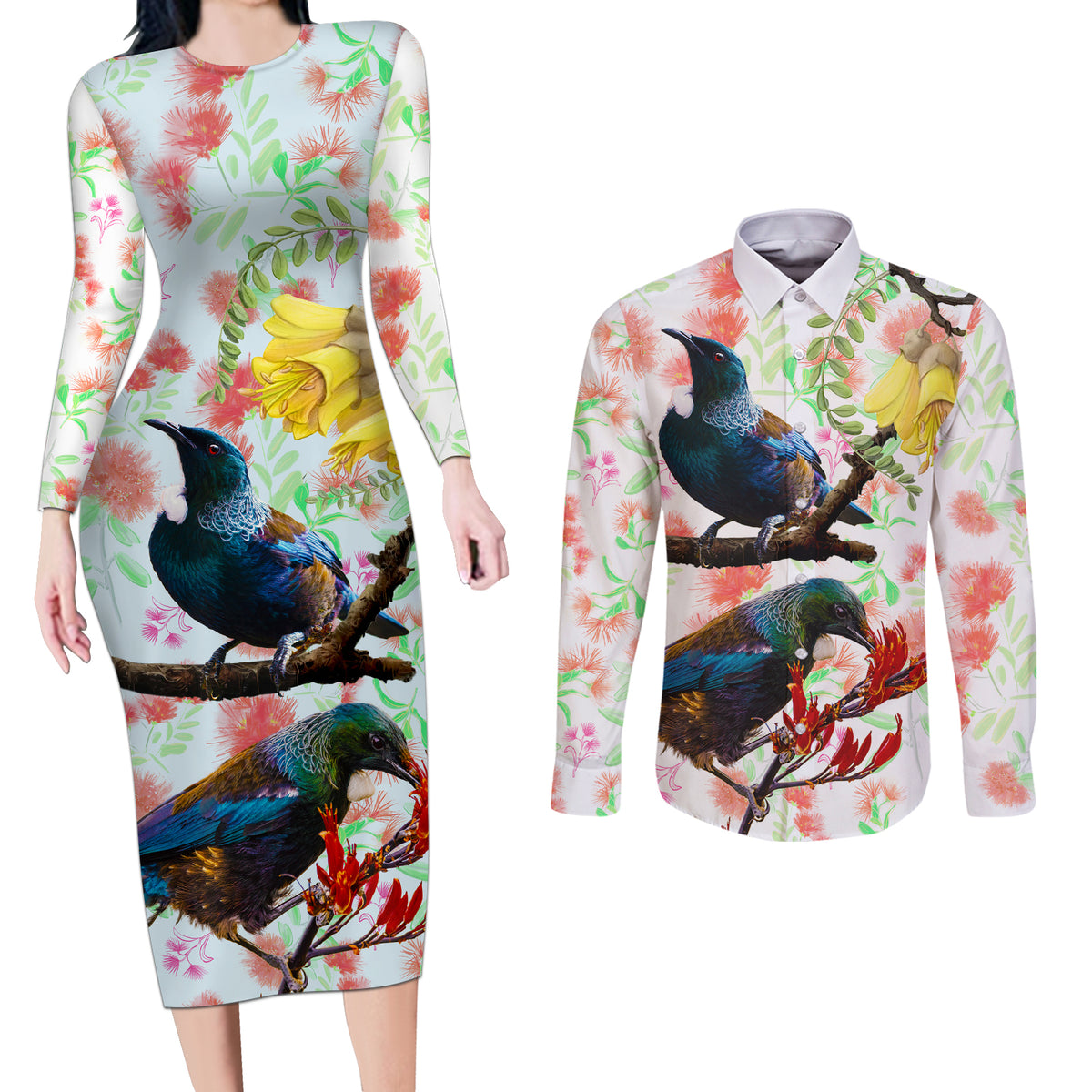 New Zealand Pohutukawa Tui Bird Couples Matching Long Sleeve Bodycon Dress and Long Sleeve Button Shirt Kowhai Version LT03 White - Polynesian Pride