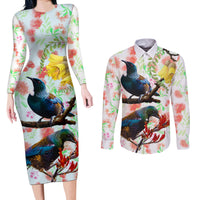 New Zealand Pohutukawa Tui Bird Couples Matching Long Sleeve Bodycon Dress and Long Sleeve Button Shirt Kowhai Version LT03 White - Polynesian Pride