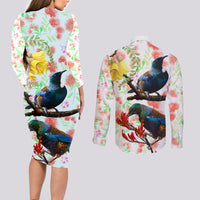 New Zealand Pohutukawa Tui Bird Couples Matching Long Sleeve Bodycon Dress and Long Sleeve Button Shirt Kowhai Version LT03 - Polynesian Pride