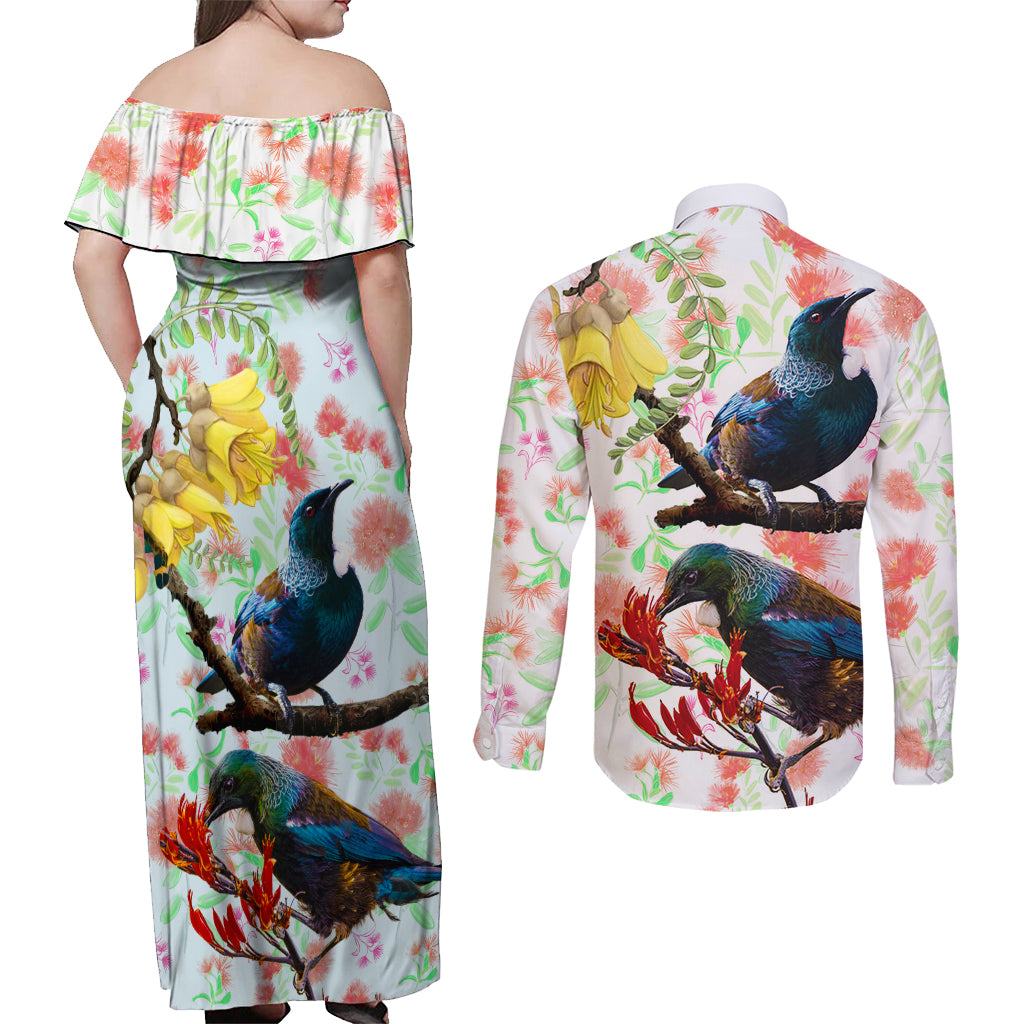 New Zealand Pohutukawa Tui Bird Couples Matching Off Shoulder Maxi Dress and Long Sleeve Button Shirt Kowhai Version LT03 - Polynesian Pride
