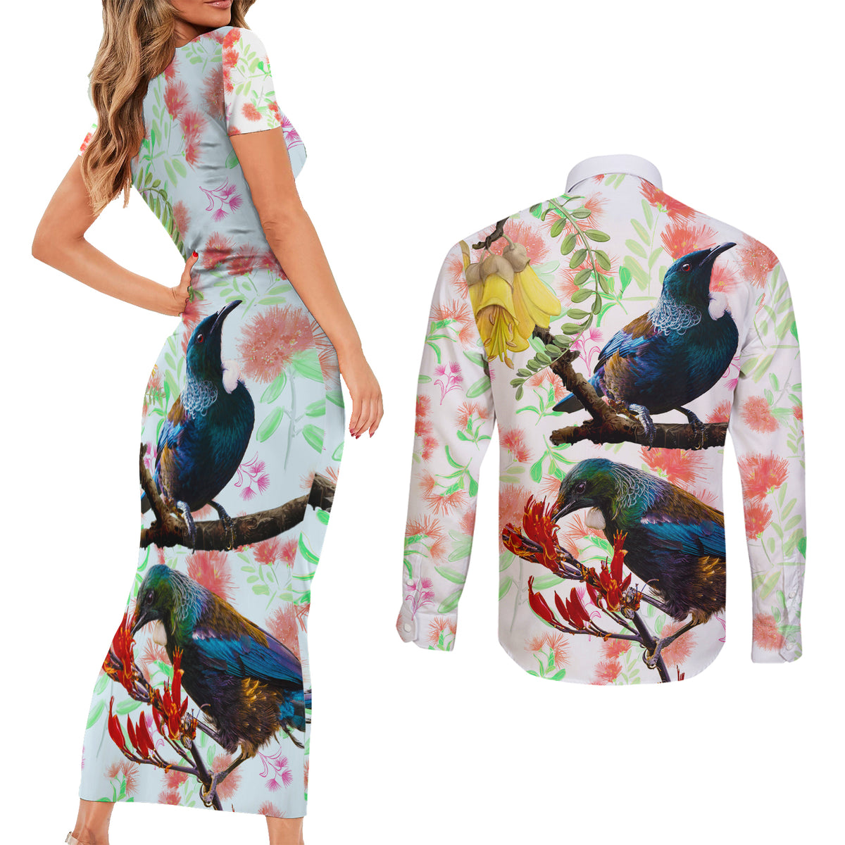 New Zealand Pohutukawa Tui Bird Couples Matching Short Sleeve Bodycon Dress and Long Sleeve Button Shirt Kowhai Version LT03 - Polynesian Pride
