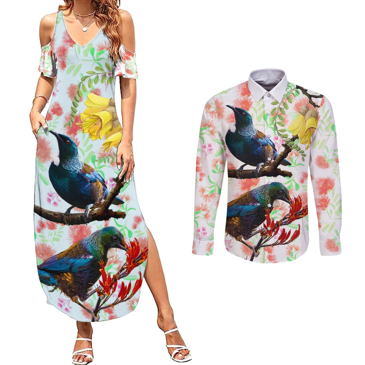 New Zealand Pohutukawa Tui Bird Couples Matching Summer Maxi Dress and Long Sleeve Button Shirt Kowhai Version LT03 White - Polynesian Pride
