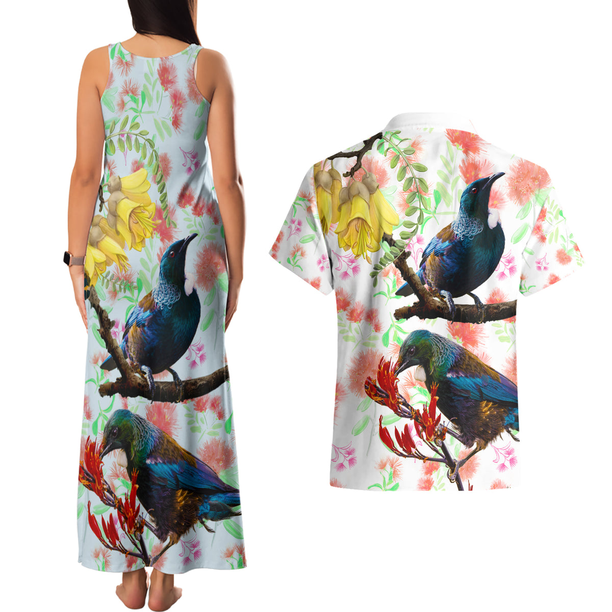 New Zealand Pohutukawa Tui Bird Couples Matching Tank Maxi Dress and Hawaiian Shirt Kowhai Version LT03 - Polynesian Pride