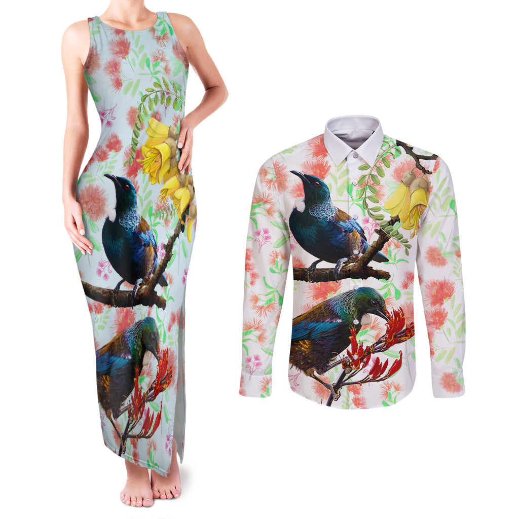 New Zealand Pohutukawa Tui Bird Couples Matching Tank Maxi Dress and Long Sleeve Button Shirt Kowhai Version LT03 White - Polynesian Pride