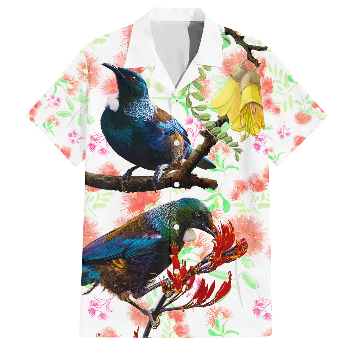 New Zealand Pohutukawa Tui Bird Family Matching Long Sleeve Bodycon Dress and Hawaiian Shirt Kowhai Version LT03 Dad's Shirt - Short Sleeve White - Polynesian Pride