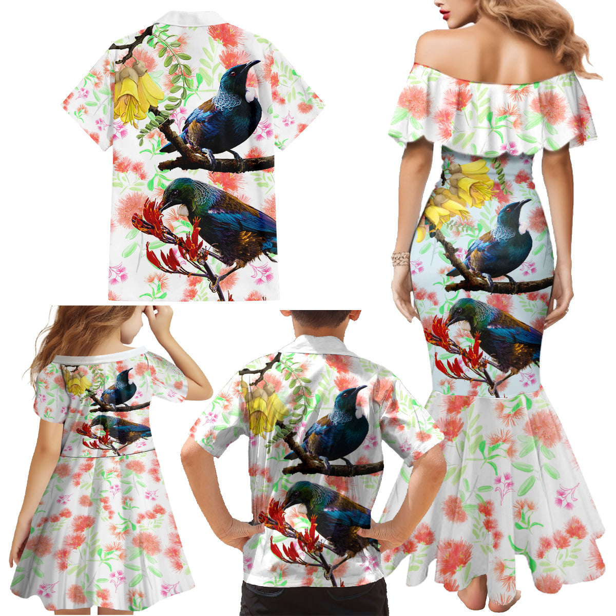 New Zealand Pohutukawa Tui Bird Family Matching Mermaid Dress and Hawaiian Shirt Kowhai Version LT03 - Polynesian Pride