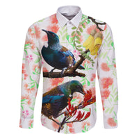 New Zealand Pohutukawa Tui Bird Family Matching Off Shoulder Maxi Dress and Hawaiian Shirt Kowhai Version LT03 Dad's Shirt - Long Sleeve White - Polynesian Pride
