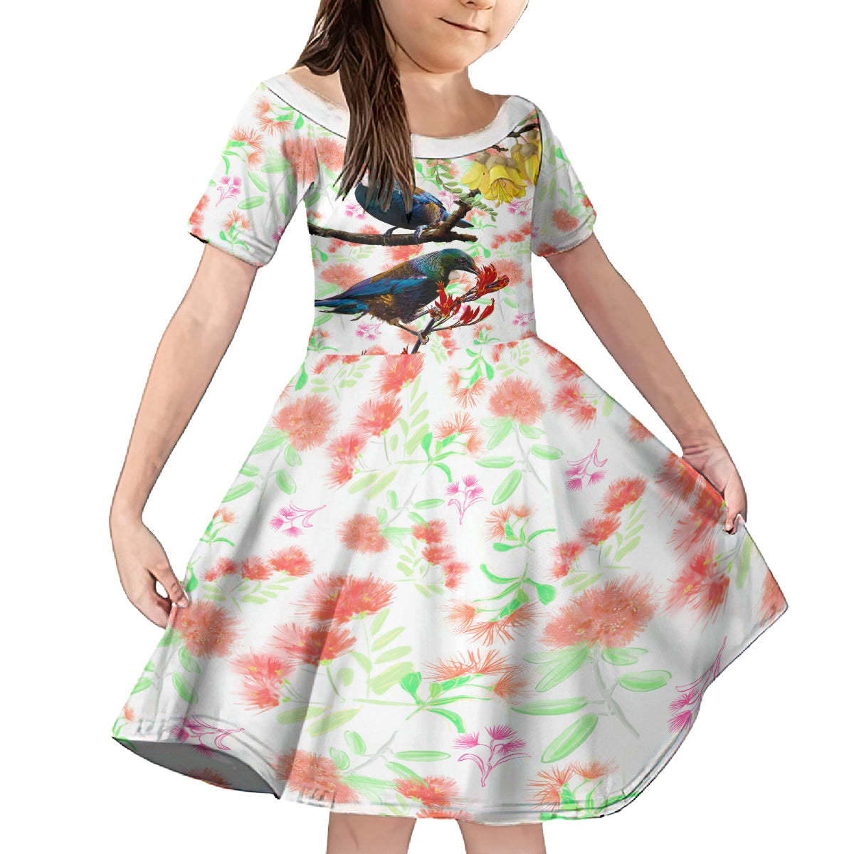 New Zealand Pohutukawa Tui Bird Family Matching Off Shoulder Short Dress and Hawaiian Shirt Kowhai Version LT03 Daughter's Dress White - Polynesian Pride
