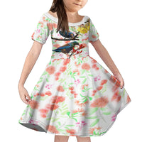 New Zealand Pohutukawa Tui Bird Family Matching Off Shoulder Short Dress and Hawaiian Shirt Kowhai Version LT03 Daughter's Dress White - Polynesian Pride