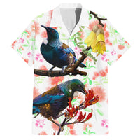 New Zealand Pohutukawa Tui Bird Family Matching Off Shoulder Short Dress and Hawaiian Shirt Kowhai Version LT03 Dad's Shirt - Short Sleeve White - Polynesian Pride