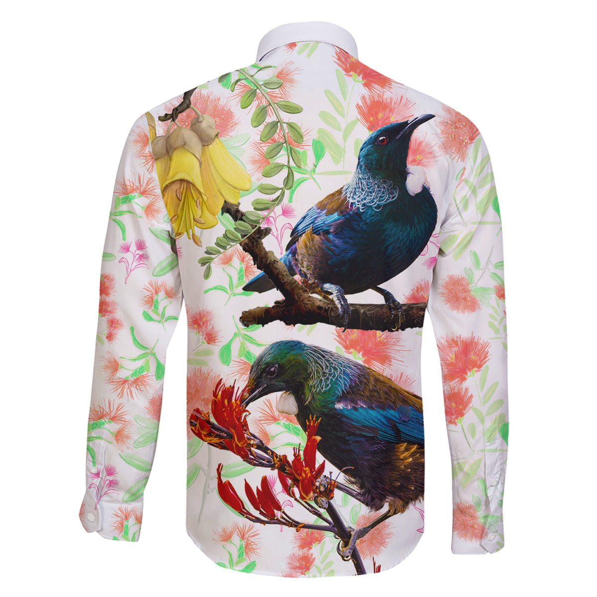 New Zealand Pohutukawa Tui Bird Family Matching Puletasi and Hawaiian Shirt Kowhai Version LT03 - Polynesian Pride
