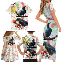 New Zealand Pohutukawa Tui Bird Family Matching Short Sleeve Bodycon Dress and Hawaiian Shirt Kowhai Version LT03 - Polynesian Pride