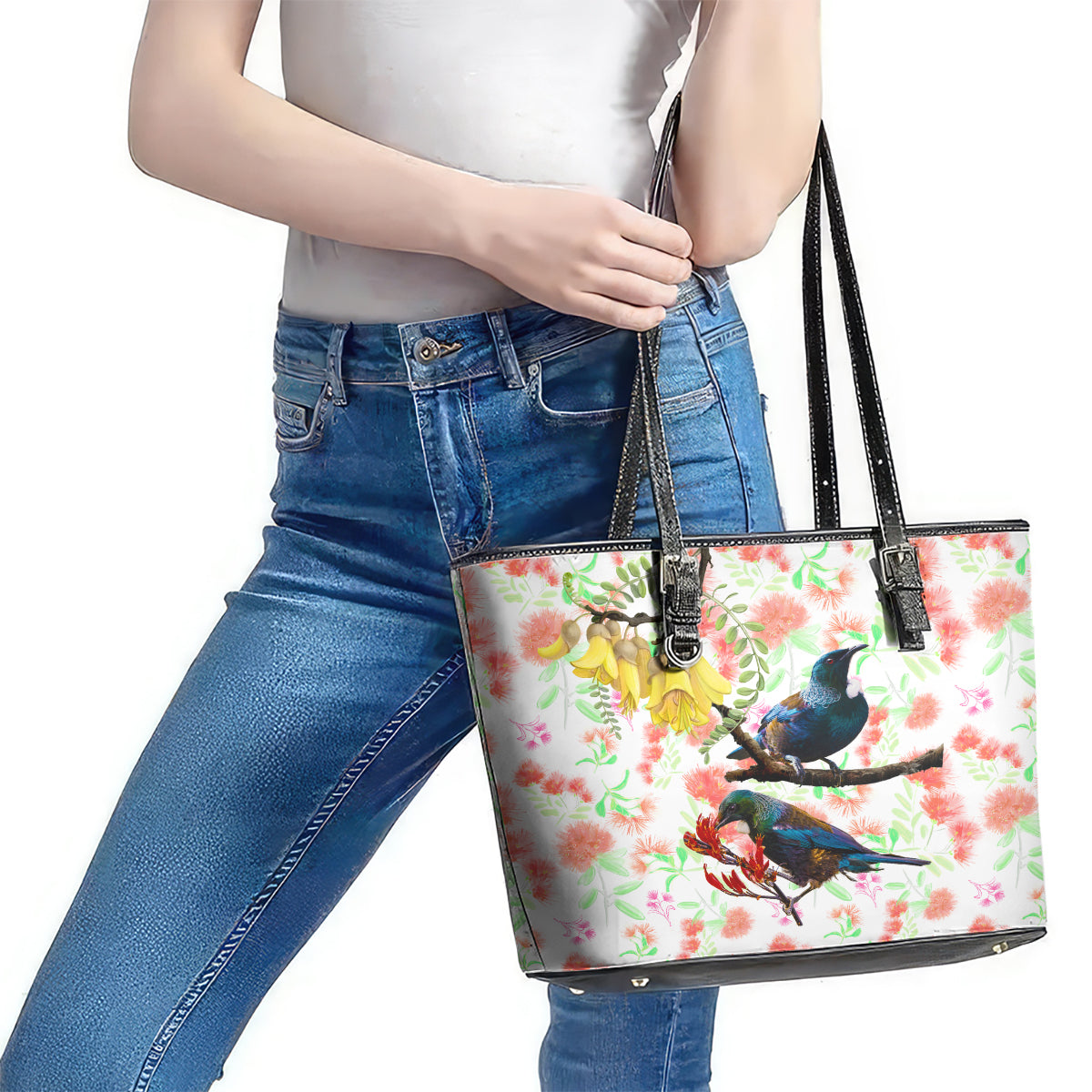 New Zealand Pohutukawa Tui Bird Leather Tote Bag Kowhai Version LT03 - Polynesian Pride
