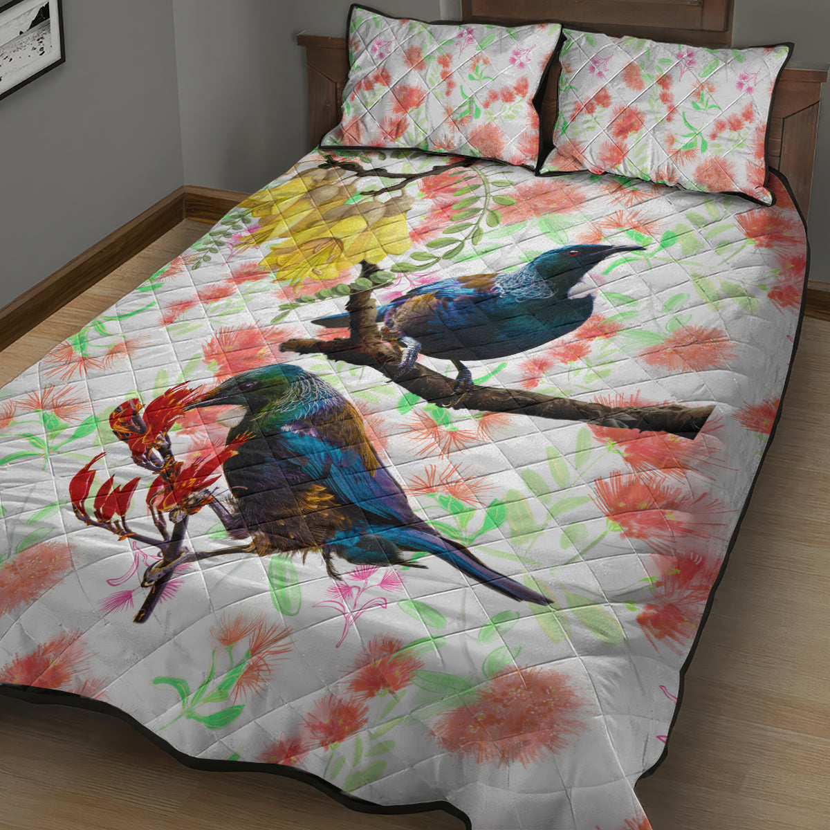 New Zealand Pohutukawa Tui Bird Quilt Bed Set Kowhai Version LT03 - Polynesian Pride