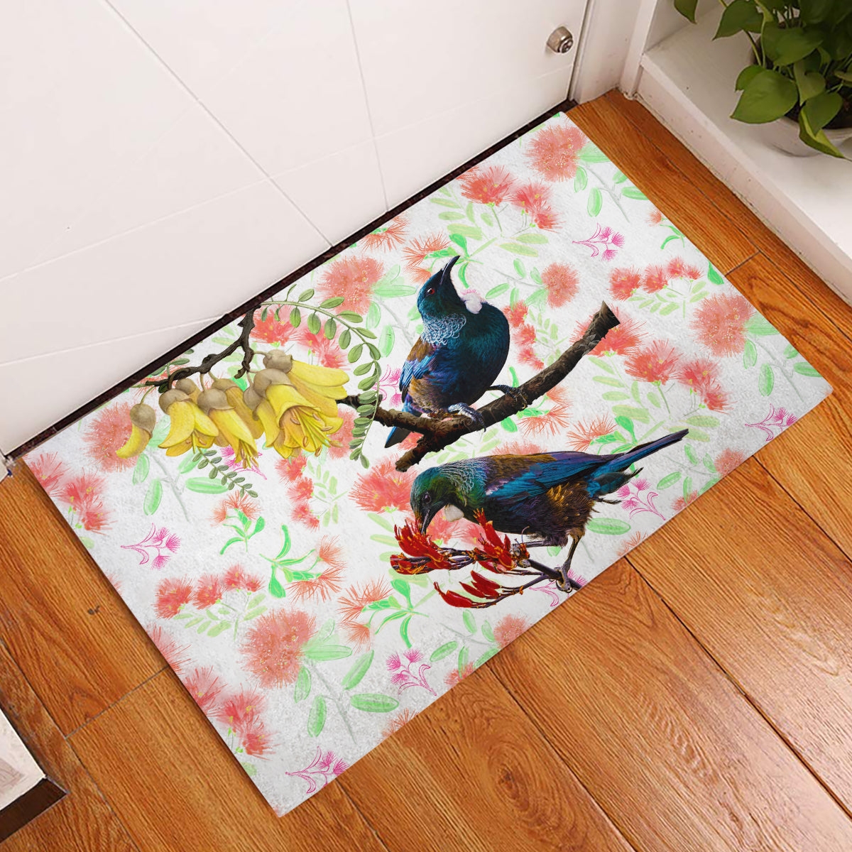New Zealand Pohutukawa Tui Bird Rubber Doormat Kowhai Version LT03 White - Polynesian Pride