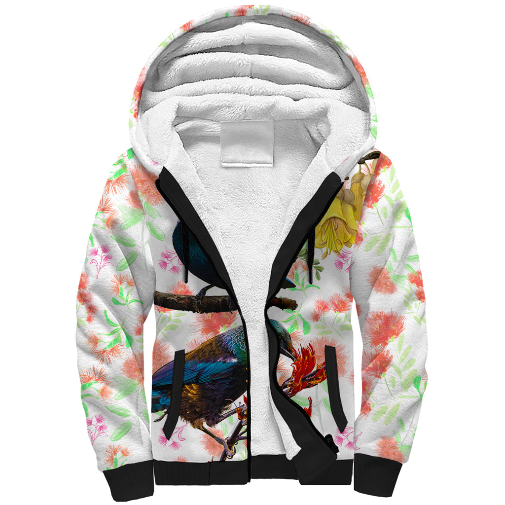 New Zealand Pohutukawa Tui Bird Sherpa Hoodie Kowhai Version LT03 Unisex White - Polynesian Pride