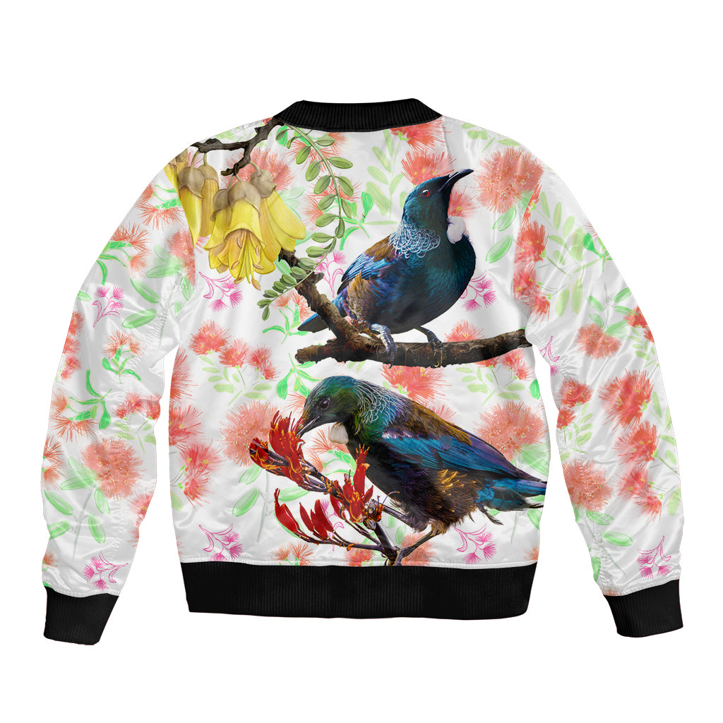 New Zealand Pohutukawa Tui Bird Sleeve Zip Bomber Jacket Kowhai Version LT03 - Polynesian Pride