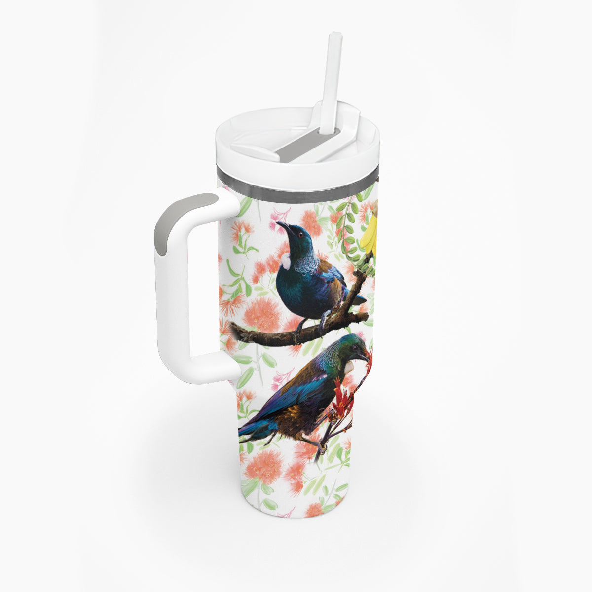 New Zealand Pohutukawa Tui Bird Tumbler With Handle Kowhai Version