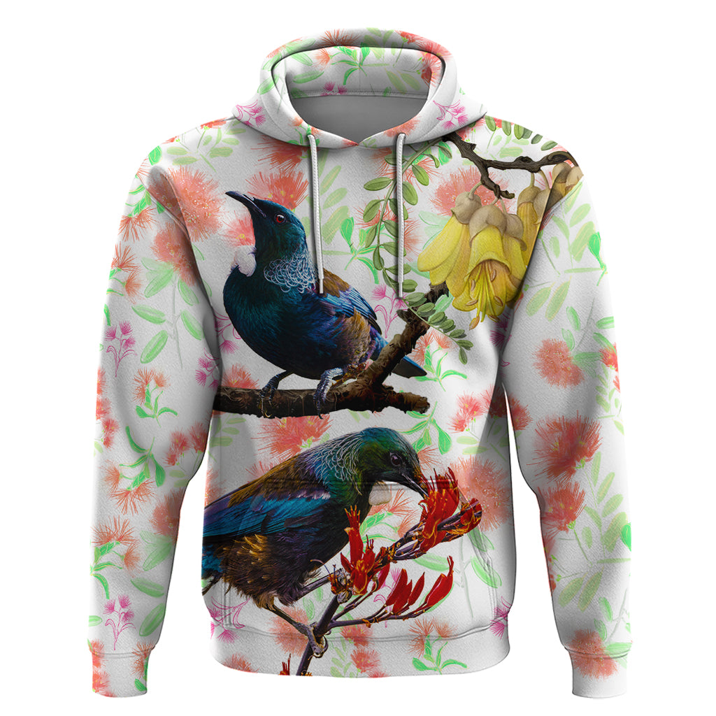 New Zealand Pohutukawa Tui Bird Zip Hoodie Kowhai Version LT03 Pullover Hoodie White - Polynesian Pride