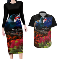 New Zealand ANZAC Day Couples Matching Long Sleeve Bodycon Dress and Hawaiian Shirt Pohutukawa Flower and Tui Bird LT03 Black - Polynesian Pride