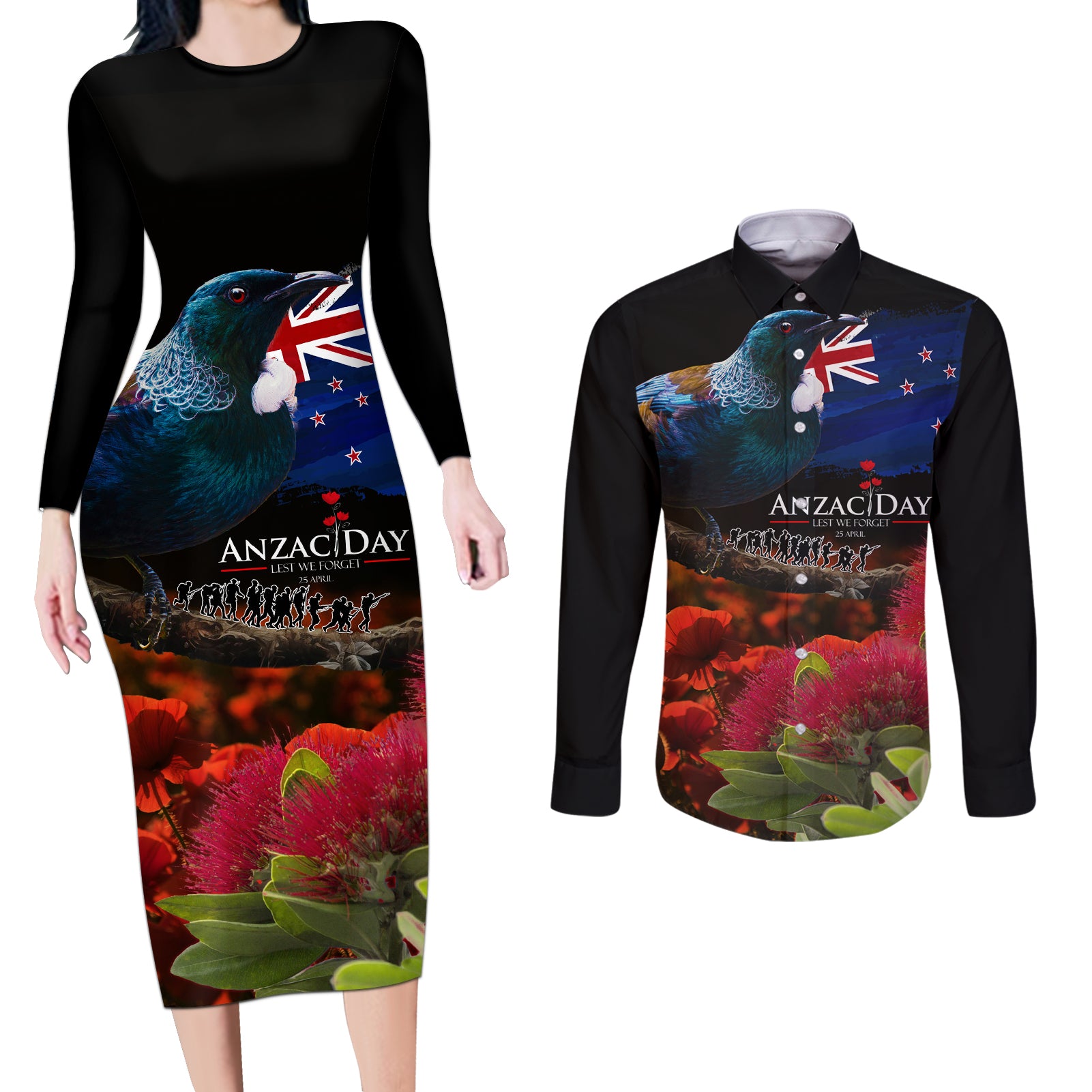 New Zealand ANZAC Day Couples Matching Long Sleeve Bodycon Dress and Long Sleeve Button Shirt Pohutukawa Flower and Tui Bird LT03 Black - Polynesian Pride