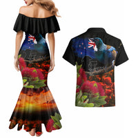 New Zealand ANZAC Day Couples Matching Mermaid Dress and Hawaiian Shirt Pohutukawa Flower and Tui Bird LT03 - Polynesian Pride