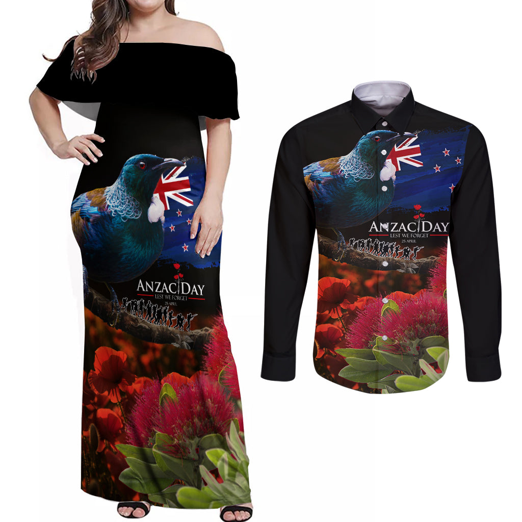 New Zealand ANZAC Day Couples Matching Off Shoulder Maxi Dress and Long Sleeve Button Shirt Pohutukawa Flower and Tui Bird LT03 Black - Polynesian Pride