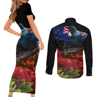 New Zealand ANZAC Day Couples Matching Short Sleeve Bodycon Dress and Long Sleeve Button Shirt Pohutukawa Flower and Tui Bird LT03 - Polynesian Pride