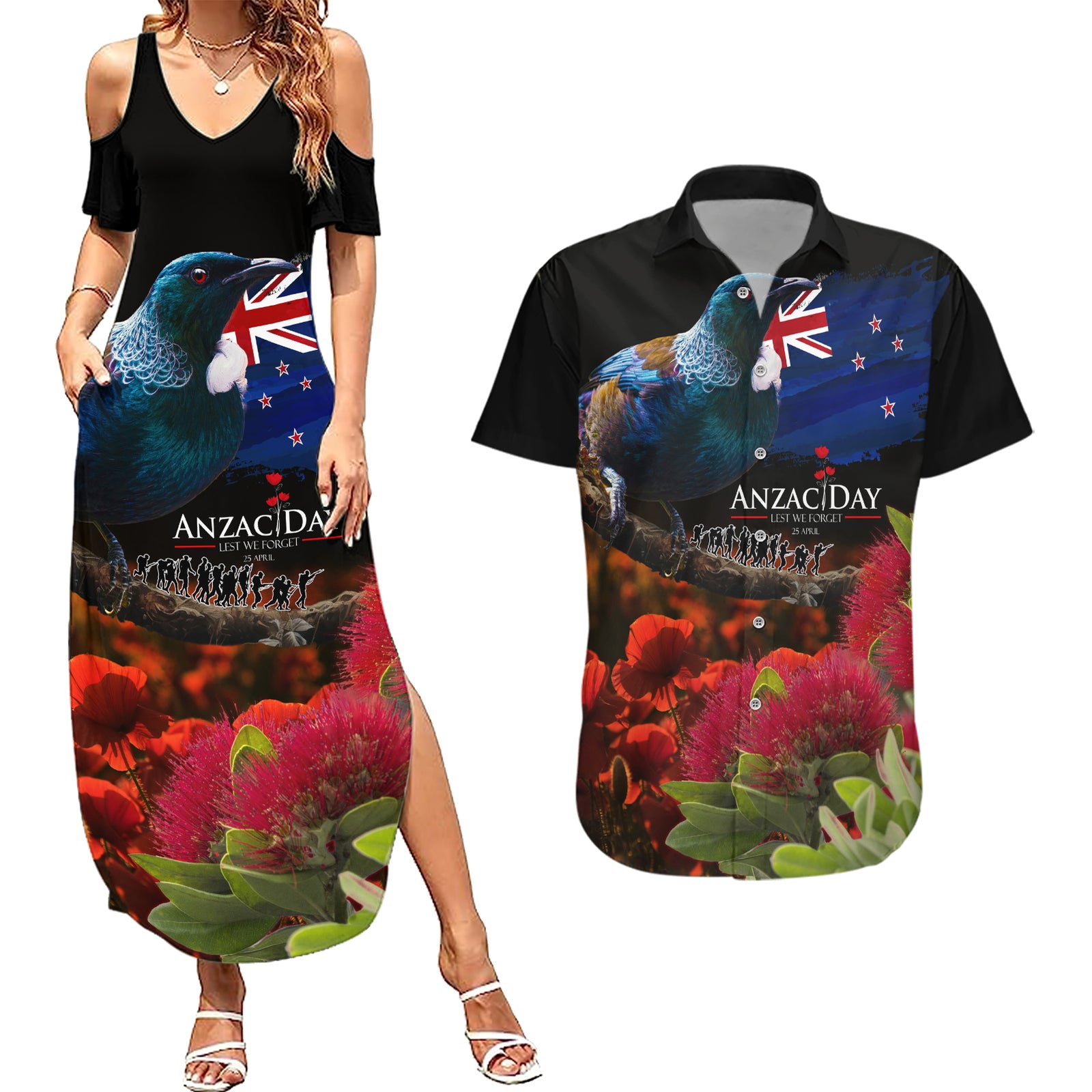 New Zealand ANZAC Day Couples Matching Summer Maxi Dress and Hawaiian Shirt Pohutukawa Flower and Tui Bird LT03 Black - Polynesian Pride