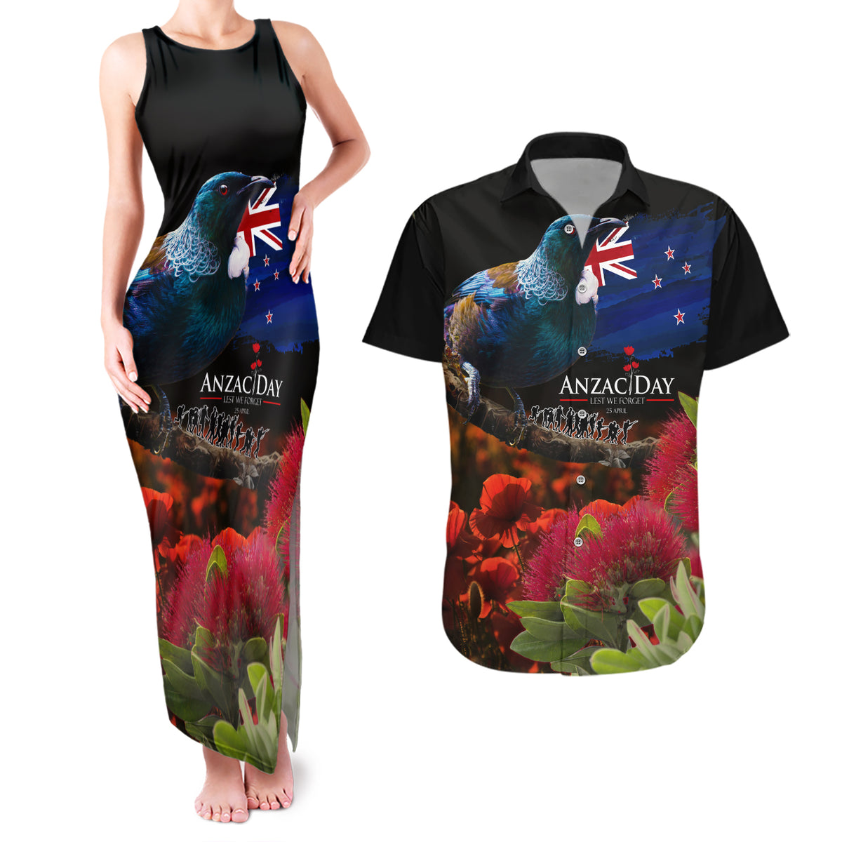 New Zealand ANZAC Day Couples Matching Tank Maxi Dress and Hawaiian Shirt Pohutukawa Flower and Tui Bird LT03 Black - Polynesian Pride