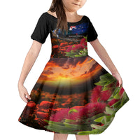 New Zealand ANZAC Day Family Matching Off Shoulder Short Dress and Hawaiian Shirt Pohutukawa Flower and Tui Bird LT03 Daughter's Dress Black - Polynesian Pride