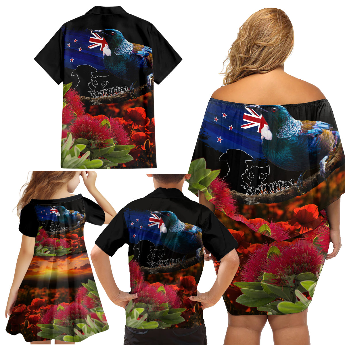 New Zealand ANZAC Day Family Matching Off Shoulder Short Dress and Hawaiian Shirt Pohutukawa Flower and Tui Bird LT03 - Polynesian Pride