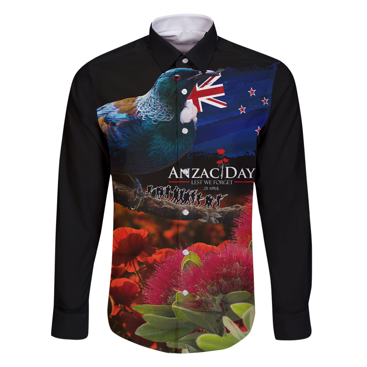 New Zealand ANZAC Day Family Matching Off Shoulder Short Dress and Hawaiian Shirt Pohutukawa Flower and Tui Bird LT03 Dad's Shirt - Long Sleeve Black - Polynesian Pride