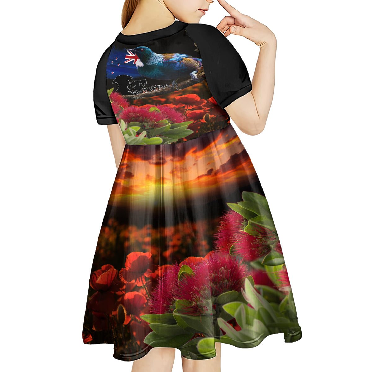 New Zealand ANZAC Day Kid Short Sleeve Dress Pohutukawa Flower and Tui Bird LT03 - Polynesian Pride