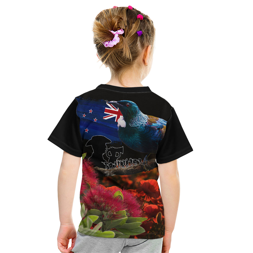New Zealand ANZAC Day Kid T Shirt Pohutukawa Flower and Tui Bird LT03 - Polynesian Pride