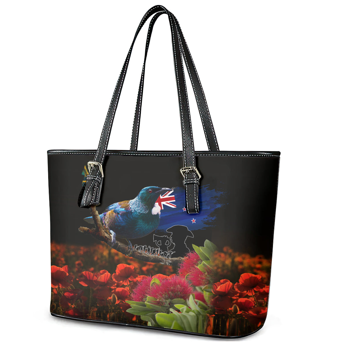 New Zealand ANZAC Day Leather Tote Bag Pohutukawa Flower and Tui Bird LT03 - Polynesian Pride