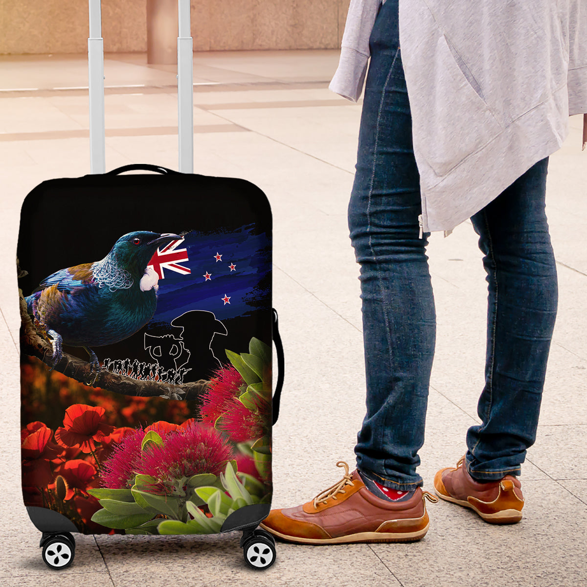 New Zealand ANZAC Day Luggage Cover Pohutukawa Flower and Tui Bird LT03 Black - Polynesian Pride