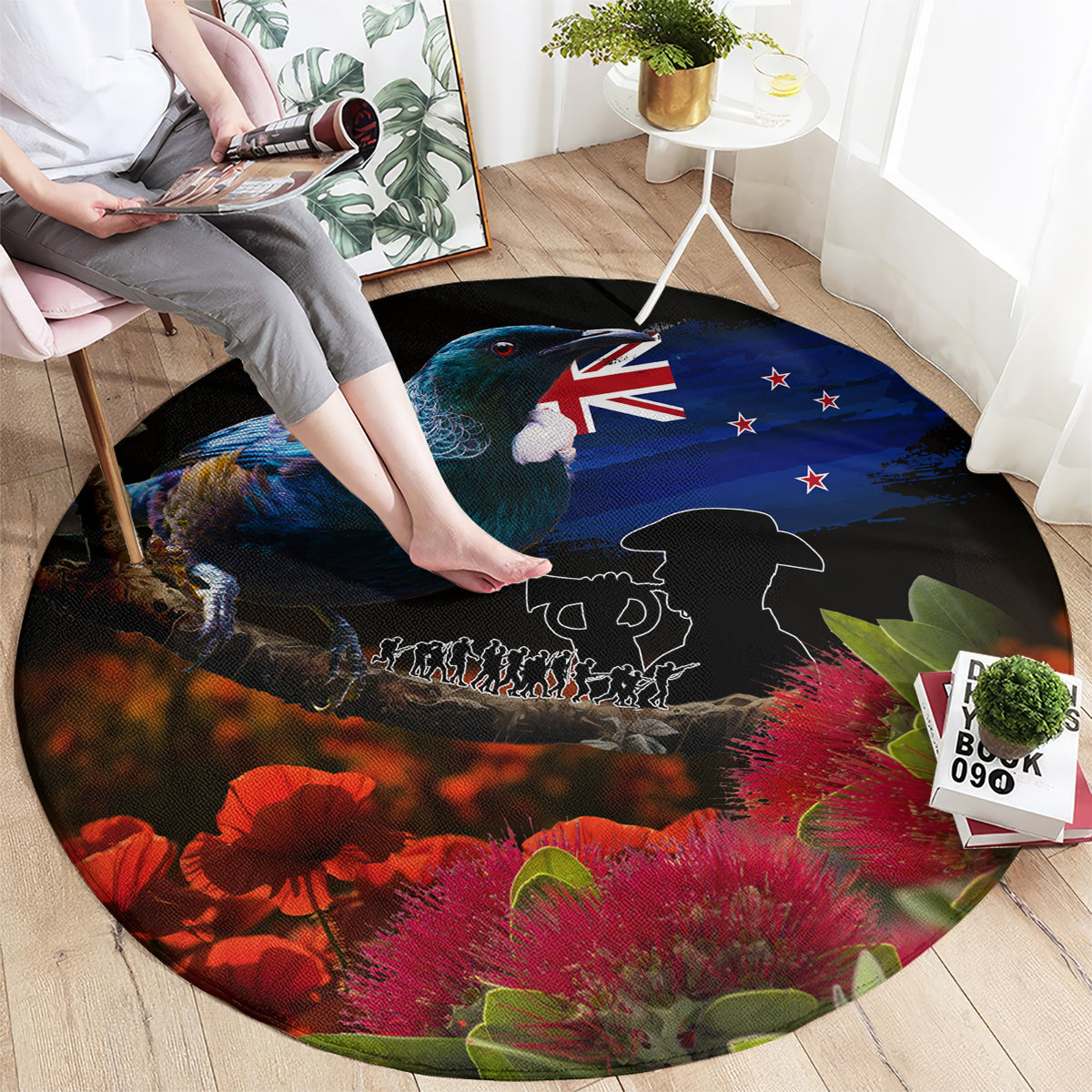 New Zealand ANZAC Day Round Carpet Pohutukawa Flower and Tui Bird LT03 - Polynesian Pride