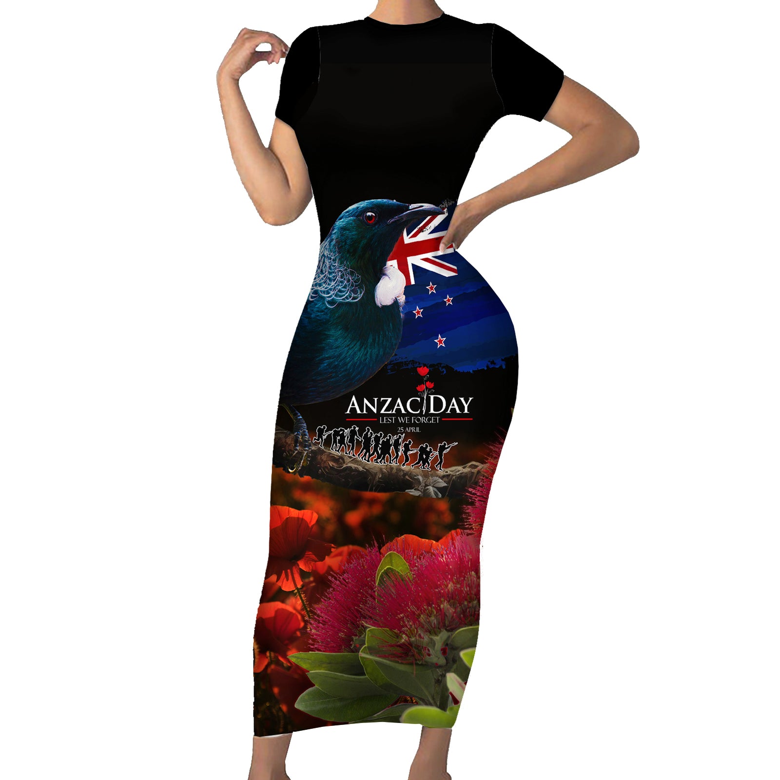 New Zealand ANZAC Day Short Sleeve Bodycon Dress Pohutukawa Flower and Tui Bird LT03 Long Dress Black - Polynesian Pride