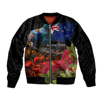 New Zealand ANZAC Day Sleeve Zip Bomber Jacket Pohutukawa Flower and Tui Bird LT03 Unisex Black - Polynesian Pride