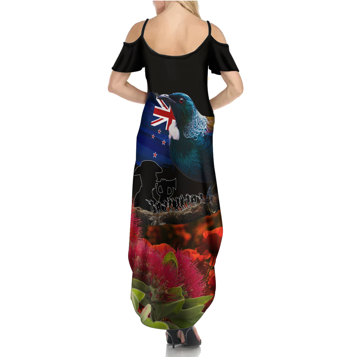 New Zealand ANZAC Day Summer Maxi Dress Pohutukawa Flower and Tui Bird LT03 - Polynesian Pride