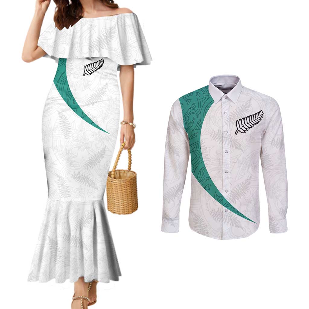 Custom New Zealand Football Couples Matching Mermaid Dress and Long Sleeve Button Shirt Go All Silver Ferns - Towards World Cup 2026