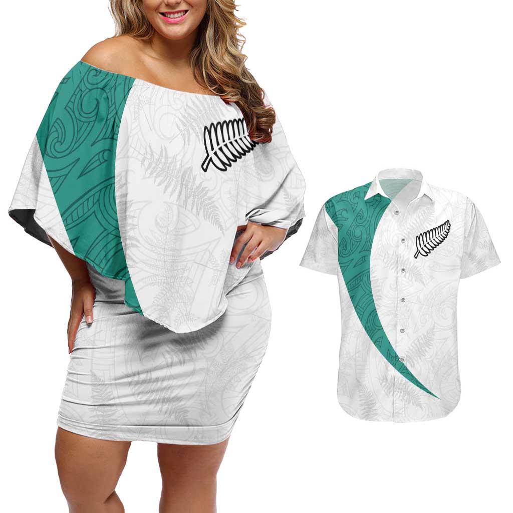 Custom New Zealand Football Couples Matching Off Shoulder Short Dress and Hawaiian Shirt Go All Silver Ferns - Towards World Cup 2026