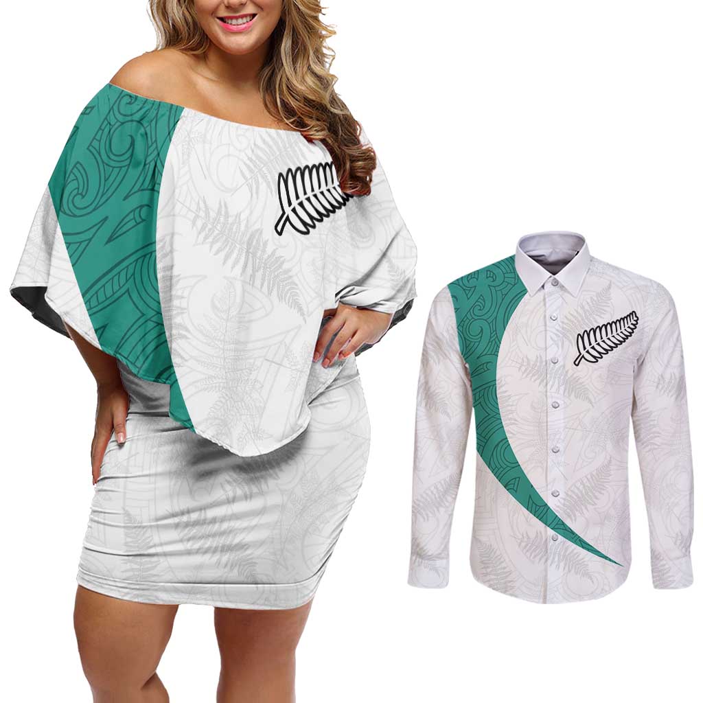 Custom New Zealand Football Couples Matching Off Shoulder Short Dress and Long Sleeve Button Shirt Go All Silver Ferns - Towards World Cup 2026
