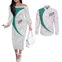 Custom New Zealand Football Couples Matching Off The Shoulder Long Sleeve Dress and Long Sleeve Button Shirt Go All Silver Ferns - Towards World Cup 2026