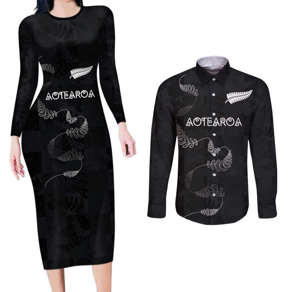 Custom New Zealand Rugby Couples Matching Long Sleeve Bodycon Dress and Long Sleeve Button Shirt All Silver Ferns Blacks