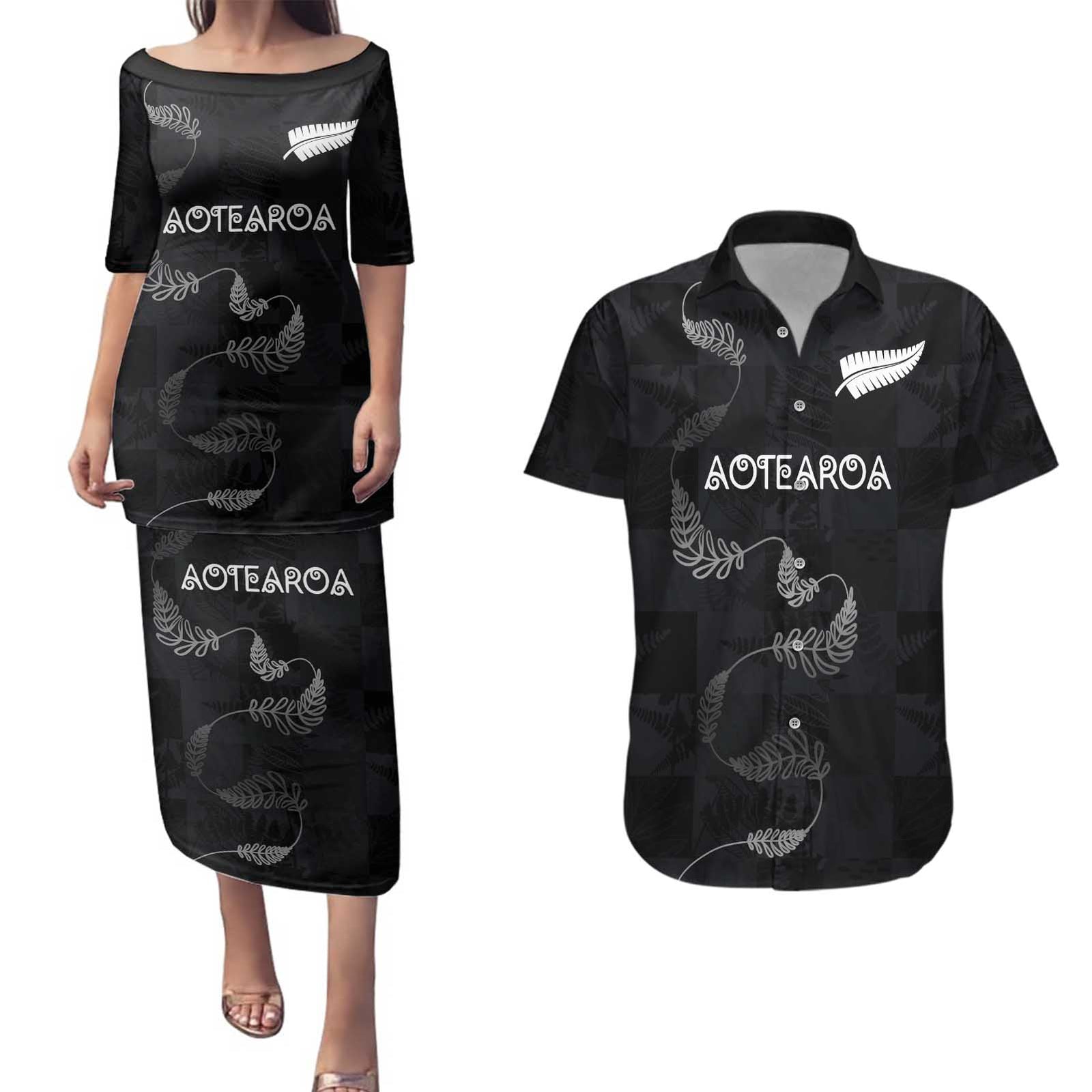 Custom New Zealand Rugby Couples Matching Puletasi and Hawaiian Shirt All Silver Ferns Blacks