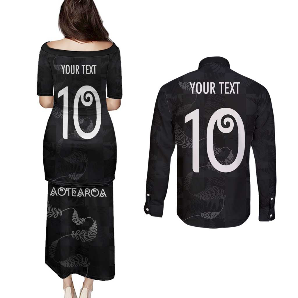 Custom New Zealand Rugby Couples Matching Puletasi and Long Sleeve Button Shirt All Silver Ferns Blacks