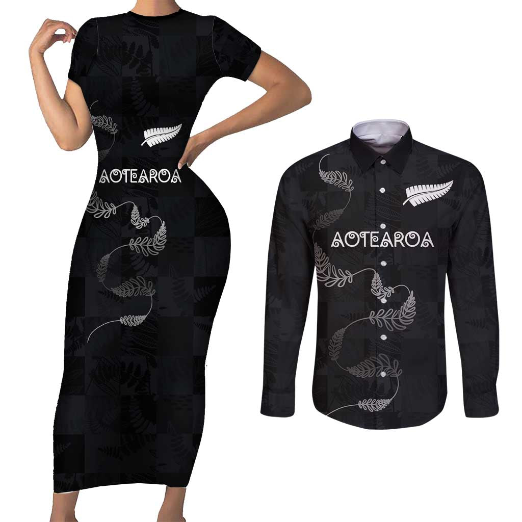 Custom New Zealand Rugby Couples Matching Short Sleeve Bodycon Dress and Long Sleeve Button Shirt All Silver Ferns Blacks