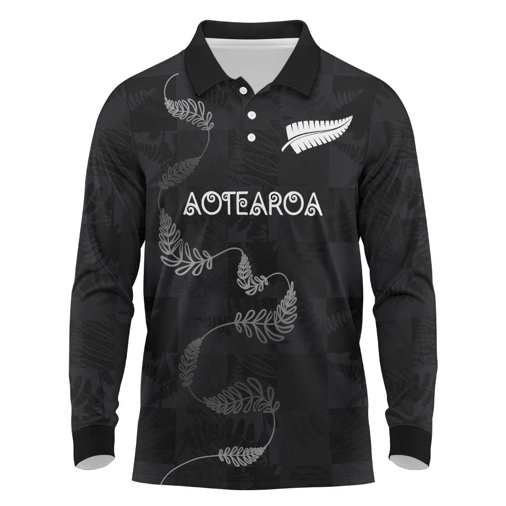 Custom New Zealand Rugby Long Sleeve Polo Shirt All Silver Ferns Blacks